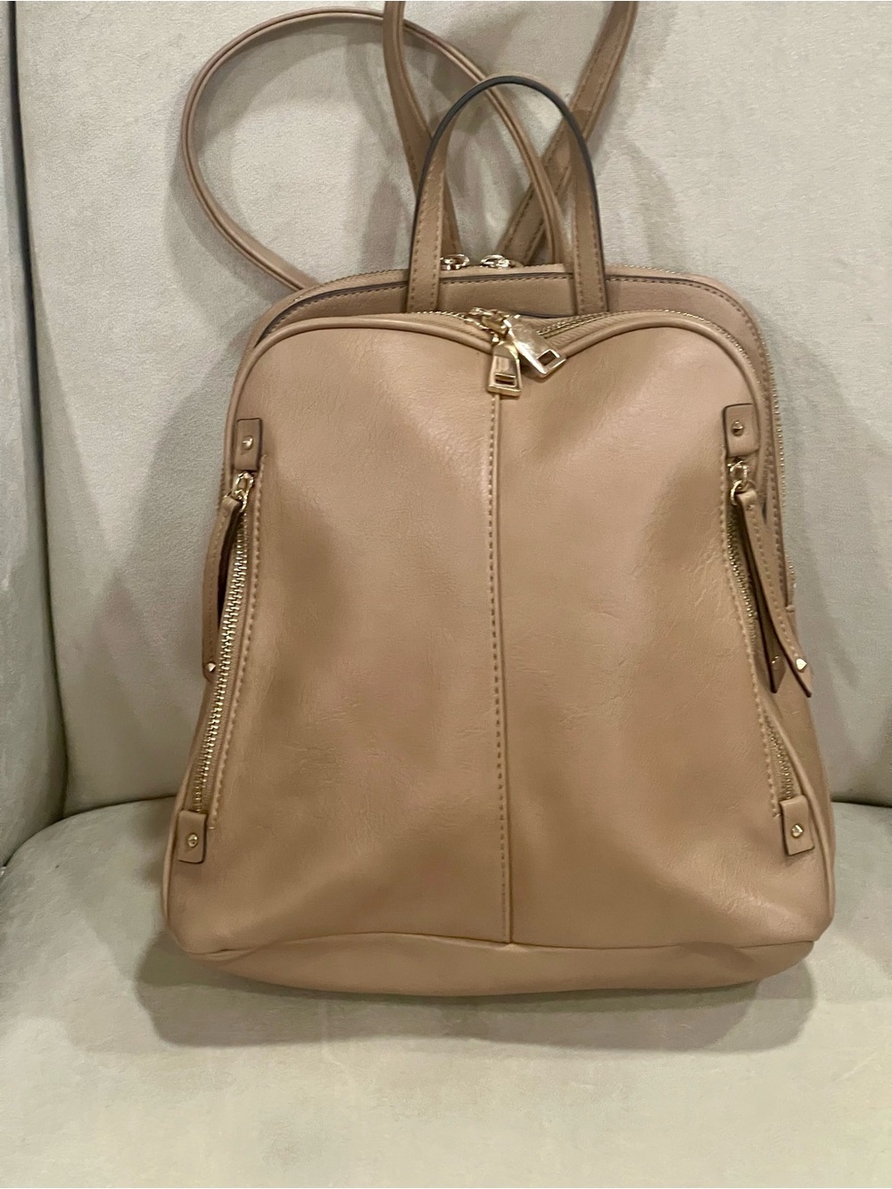 Convertible Tan Faux Leather Backpack with Gold Hardware